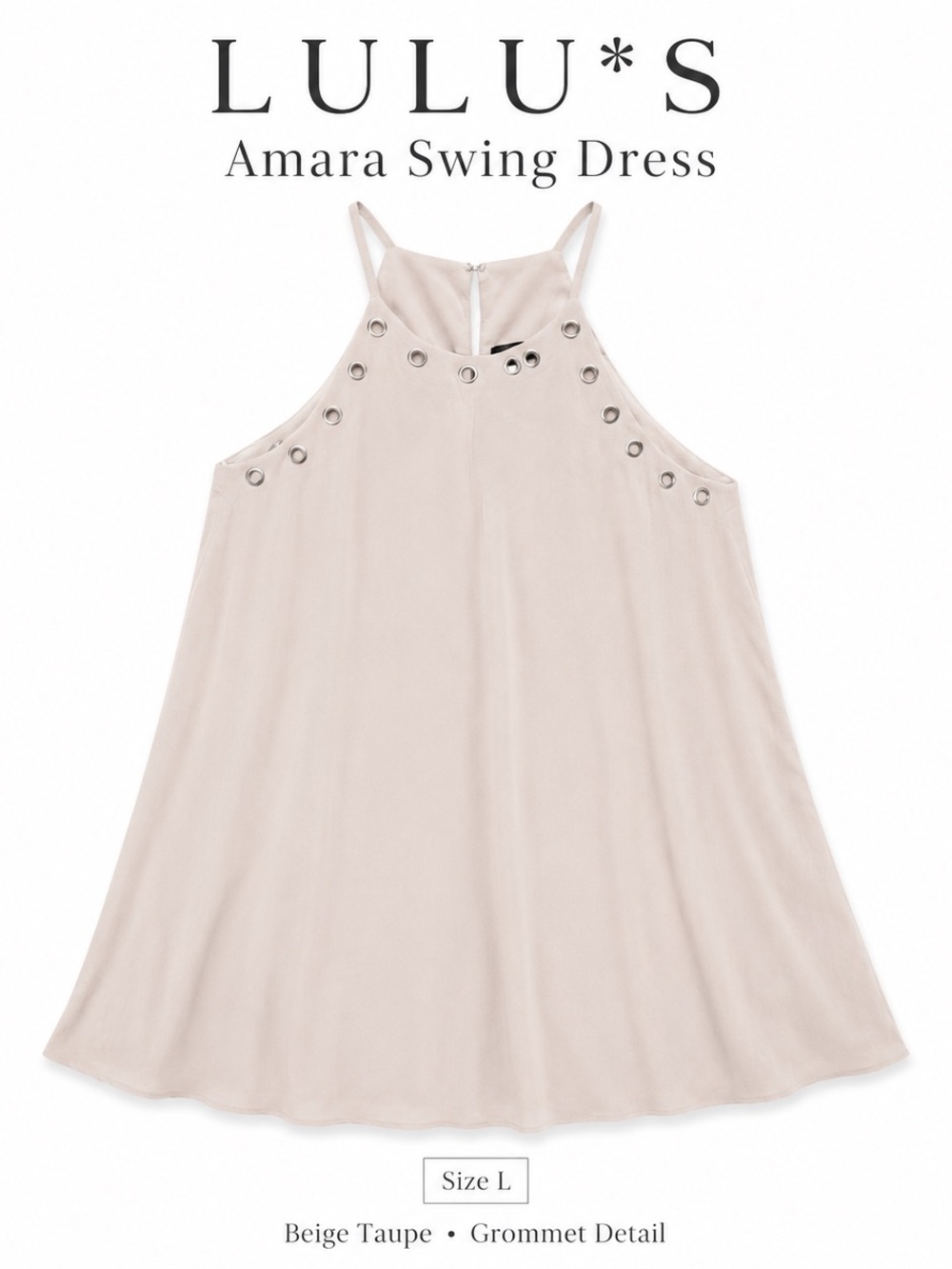 Lulus Amara Beige Taupe Swing Dress Size L Grommet Halter Mini